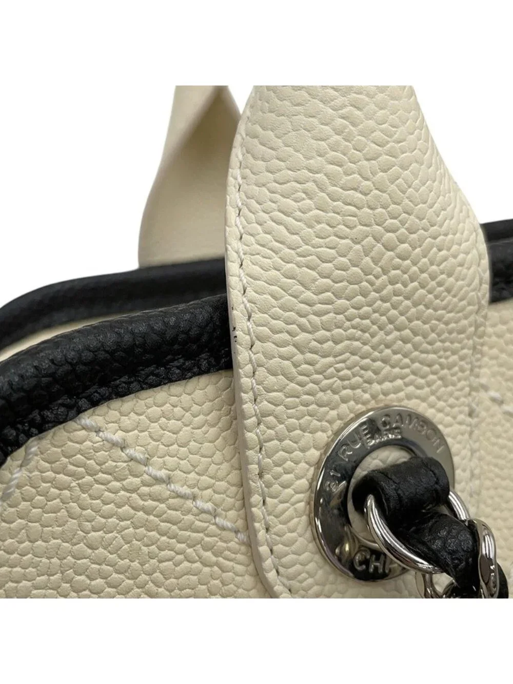 Chanel Caviar Leather CC Logo Deauville Bowling Bag 2-Way White Black
